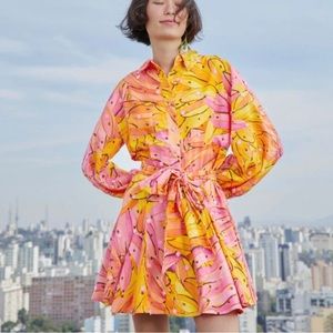 Farm Rio Pink Ombre Bananas Shirt dress with tie belt. Size Medium. NWT